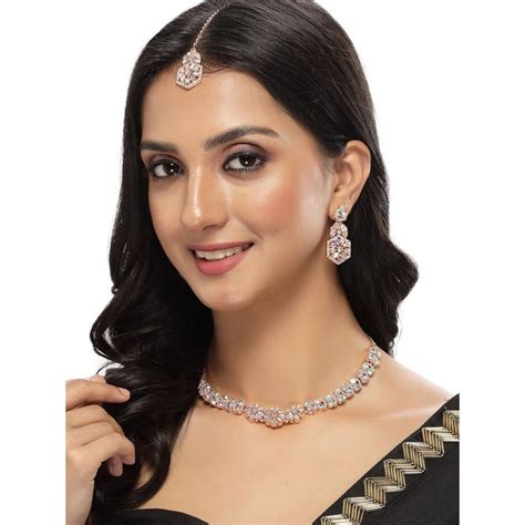 Buy Sukkhi Rose Gold Plated Rainbow Stone Collar Bone Necklace Earring ...