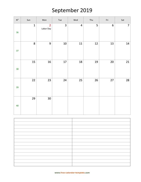Printable September 2019 Calendar with space for appointments (vertical ...