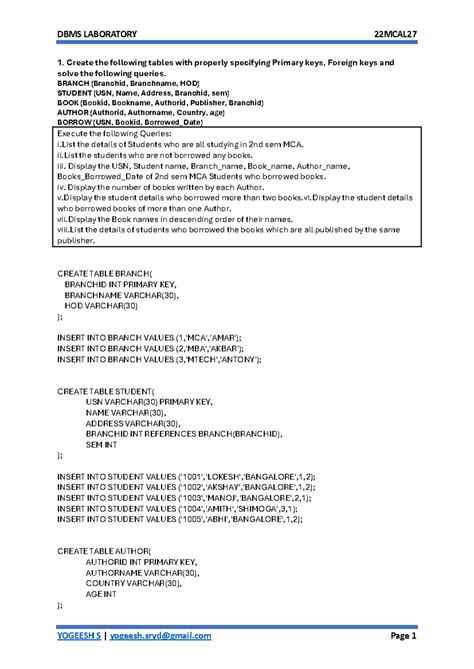 DBMS Lab Exercises and Query Solutions for CS101 - Studocu