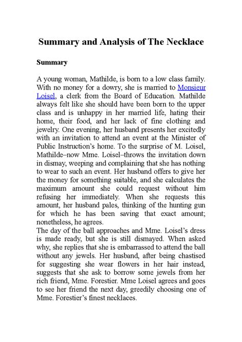 The Necklace Summary and Analysis - Summary and Analysis of The ...