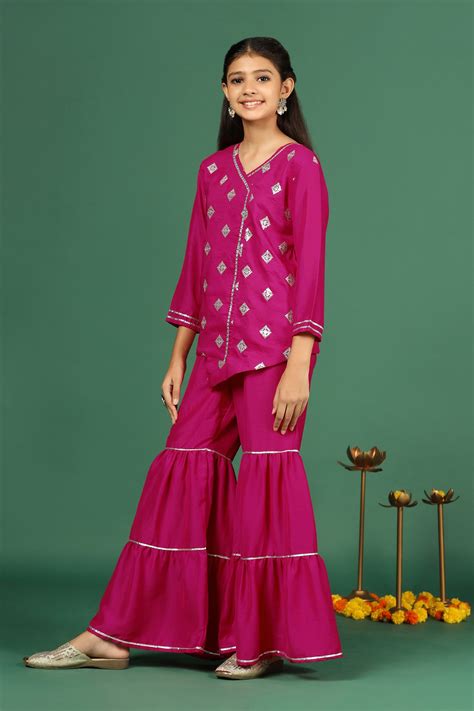 Girls Rani Chinon Embroidered Top And Sharara Set