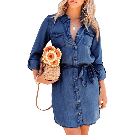 Musuos Women Long Sleeve Denim Dress for Women Button Down Denim Shirt ...