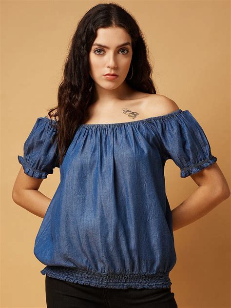 Navy Blue off shoulder Blouson Top by Wyshlist