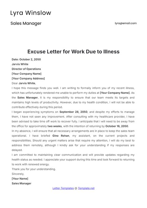 Free Excuse Letter for Work Due to Illness Template to Edit Online
