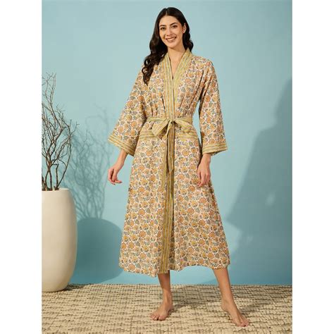 Buy The Kaftan Company Floral Yellow Cotton Wrap Nightdress with Belt ...