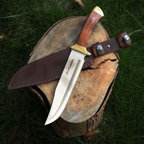 Flissa 14" Bowie Hunting Knife Full-tang Fixed Blade Wood Handle Knife ...