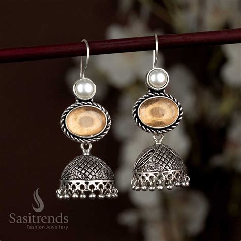 Oxidised Pearl and Oval Stone Jhumka Earrings - Sasitrends