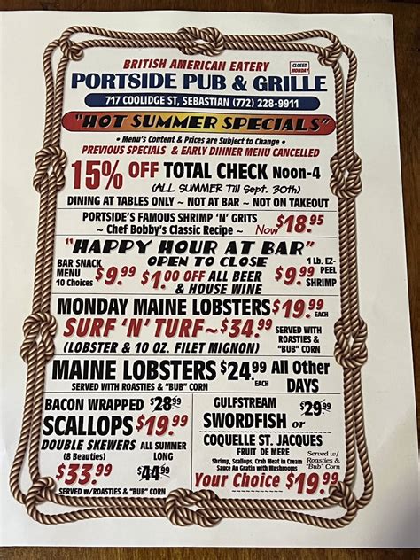 Menu at Portside Pub & Grille, Sebastian