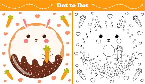 Educational coloring page with dot to dot puzzle for kids with bunny or rabbit shape sweet donut ...