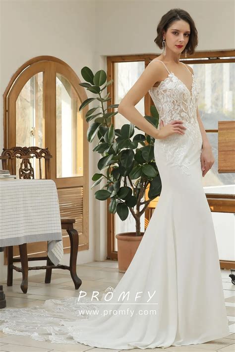 Lace & Satin Spaghetti Straps V Neck Outdoor Bridal Gown - Promfy