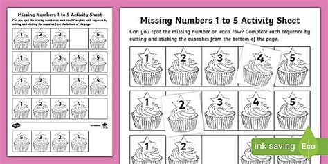 👉 Cake-Themed Cut and Stick Missing Numbers 1 to 5 Worksheet
