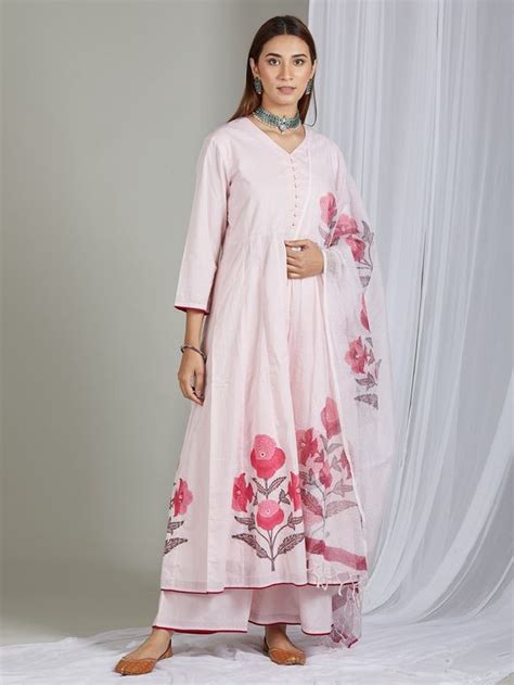 Buy White Hand Block Printed Cotton Kalidar Kurta with Palazzo and Kota ...