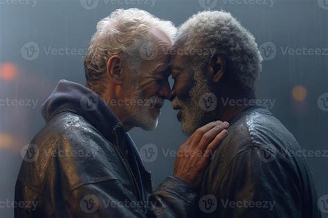 Two happy older men hugging each other, one black, the other Caucasian ...
