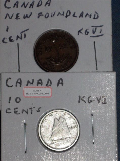 Vintage 1942 Canada Coins; 1) Newfoundland 1 Cent Bronze & 1) 10 Cent ...