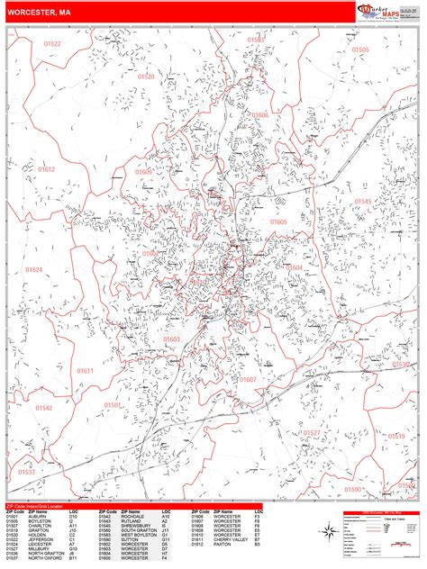 Worcester Massachusetts Zip Code Wall Map (Red Line Style) by ...