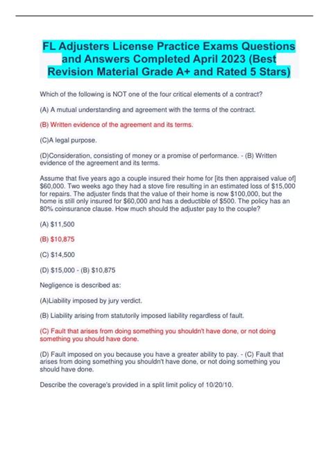 FL Adjusters License Practice Exams Questions and Answers Completed ...