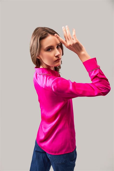 FUCHSIA PINK SATIN SHIRT WITH RHINESTONE ACCENTS – Sotbella