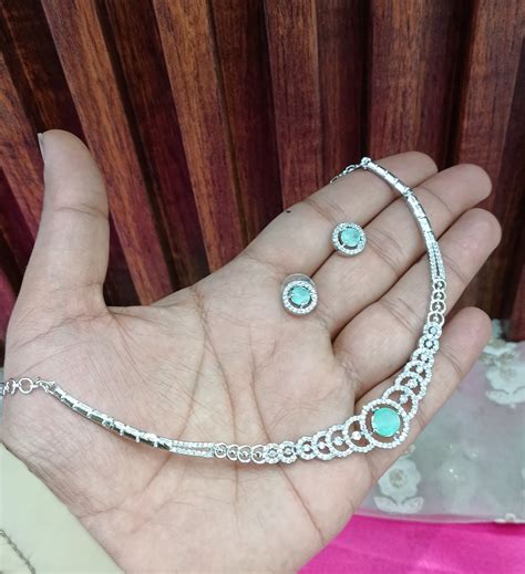 Silver Sea Green American Diamond Cz Necklace Jewellery Corpus Set – BS ...