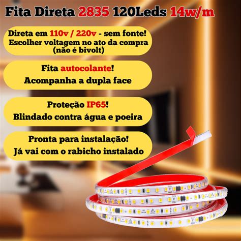 4 Metros Fita LED 2835 Direta 120Leds/m 14w/m com dupla face blindada ...