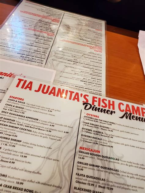 Menu at Tia Juanita's Fish Camp restaurant, Beaumont, Calder Ave