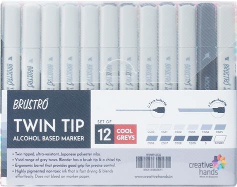 BRUSTRO Twin Tip Alcohol Based Marker | Set of 12 - Cool Grey |Broad 1 ...