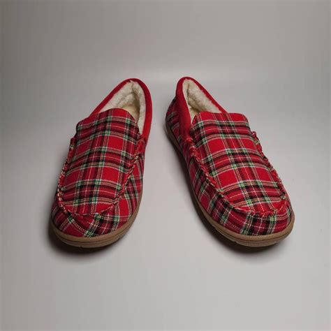 Land's End Men's Plaid Furry Moccasin Slippers, Size... - Depop