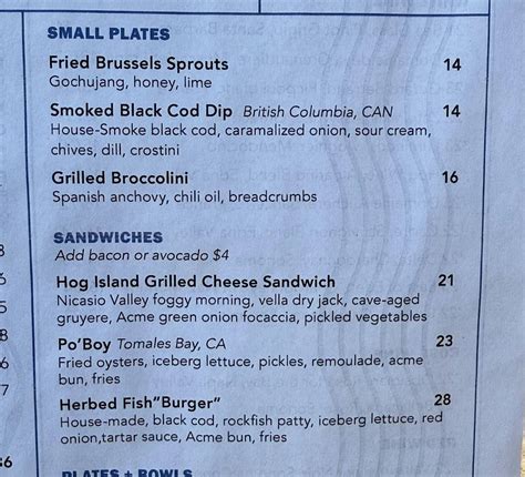 Menu at Hog Island Larkspur restaurant, Larkspur