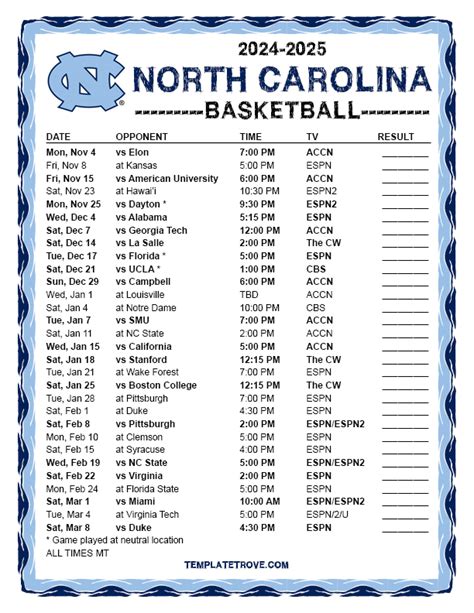 Printable 2024-2025 North Carolina Tarheels Basketball Schedule