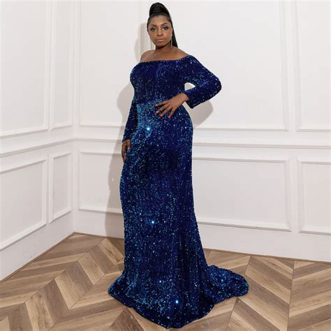Blue Plus Size Dress, Off-shoulder Women Dress, Maxi Long Dress, Prom ...
