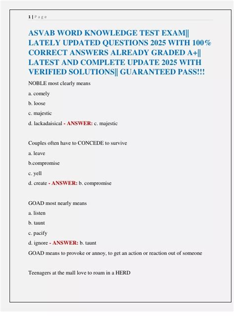 ASVAB WORD KNOWLEDGE TEST EXAM|| LATELY UPDATED QUESTIONS 2025 WITH 100 ...