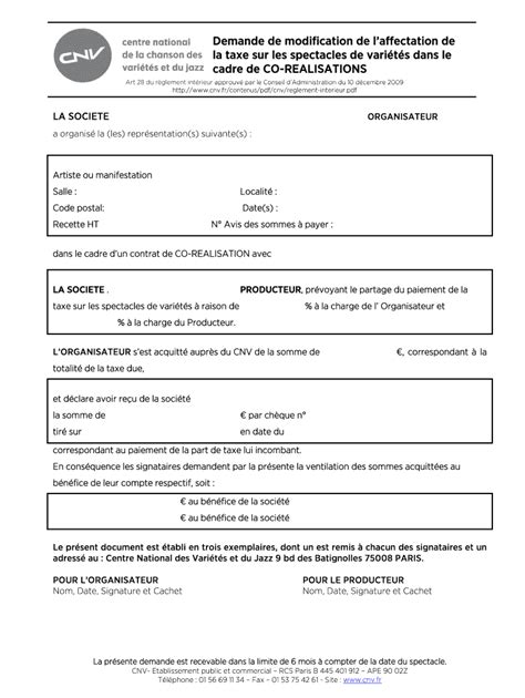 French Variety Show Tax Allocation Form - Modèle vierge à remplir ...
