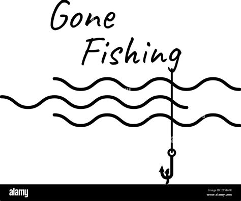 Gone Fishing Text Logo Isolated Waves And Fishing Rod Vector ...