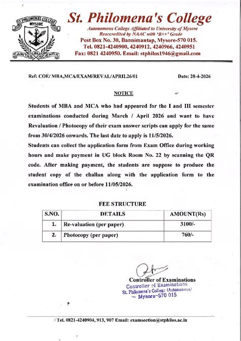 Notice -MBA & MCA Revaluation - St. Philomenas College (Autonomous)