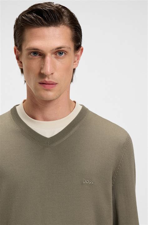 BOSS - V-neck sweater in virgin wool with embroidered logo - Light Brown