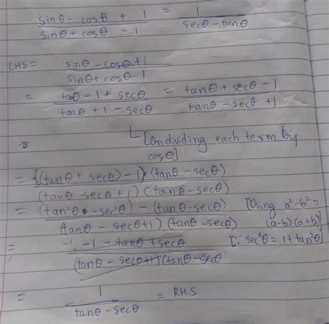 sin theta - cos theta + 1/ sin theta + cos theta-1 = 1/sec theta- tan ...