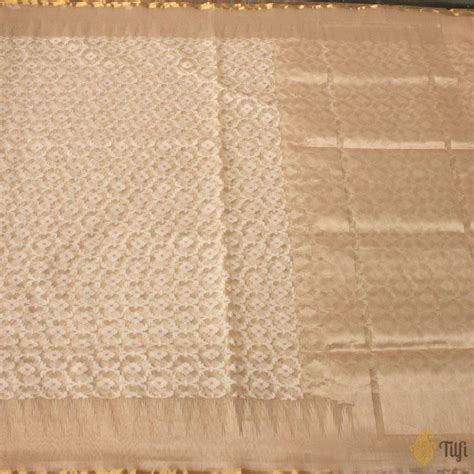 Off White Pure Kora Silk Net Banarasi Handloom Saree - Tilfi