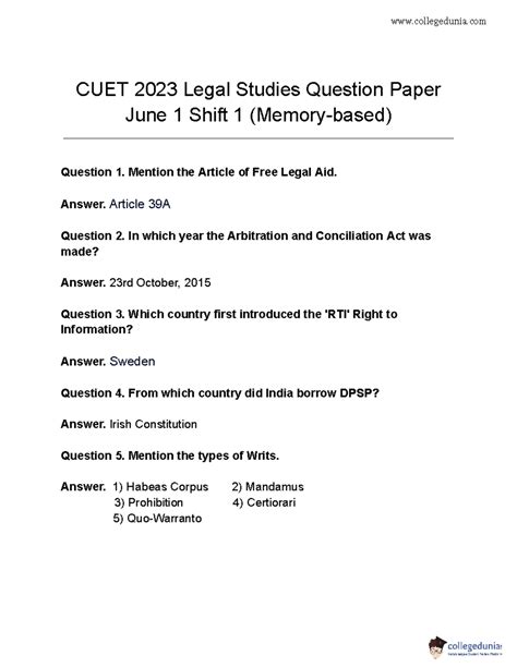 CUET 2023 Legal Studies Question Paper June 1 Shift 1 2 ...