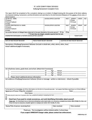 St. Lucie County Bullying/Harassment Complaint Form - Blank Fillable ...