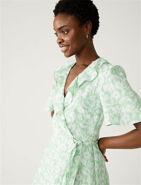 Buy Linen Rich Floral V-Neck Midi Wrap Dress at Marks & Spencer