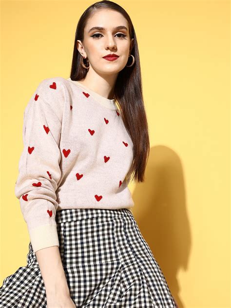 Women Pink & Red Heart Printed Round Neck Acrylic Ribbed Hem Pullover ...