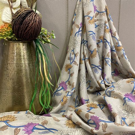Clay Tabi Silk fabric with multicoloured kalamkari Design per meter ...