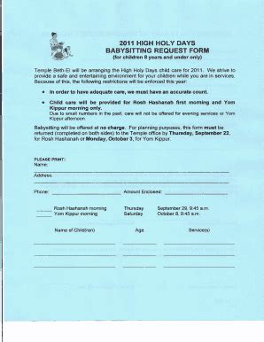 Fillable Online templebethel-munster 2011 HIGH HOLY DAYS BABYSITTING ...
