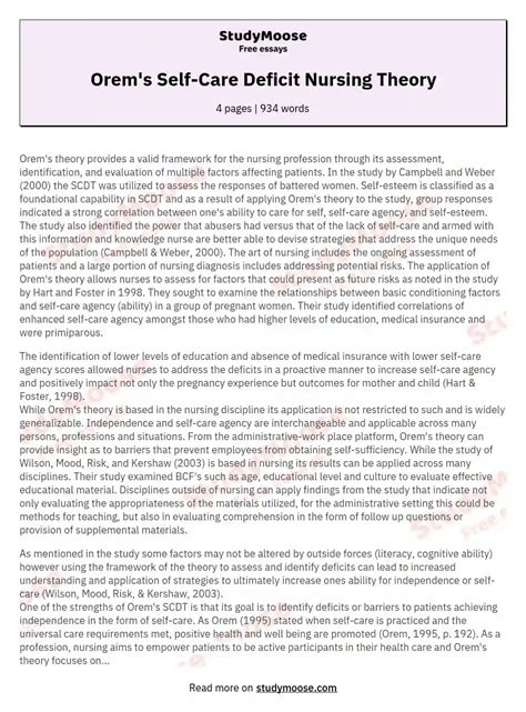 Orem's Self-Care Deficit Nursing Theory Free Essay Example