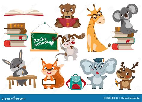 Cartoon School Cute Animals Studying and Reading Books Stock Vector ...