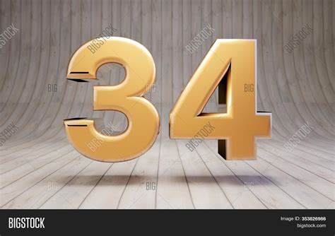 Gold Metal Number 34 Thirty Four Isolated on White Background, 3d ...