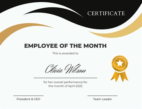 Free Printable Employee Of The Month Certificate Templates - Free Word ...
