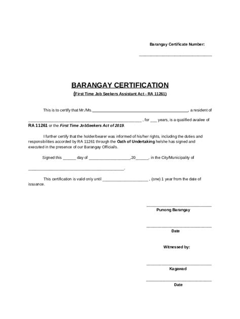 Barangay Certification for First Time Job Seekers - Blank Fillable ...
