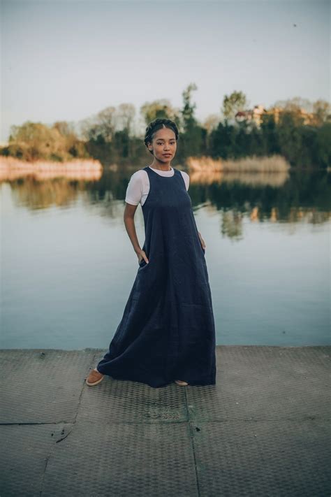 Night Blue Linen Dress, Linen Maxi Dress, Plus Size Summer Dress ...