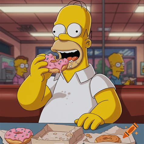 Homer Simpson eating a pink frosted donut in a diner cartoon style on ...