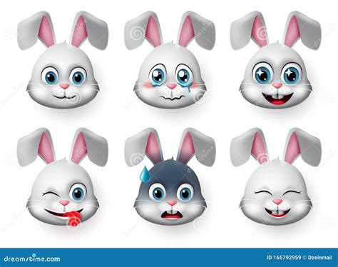 Rabbit Emojis Vector Set. Rabbit Or Bunny Emoticon Cute Face Animal ...